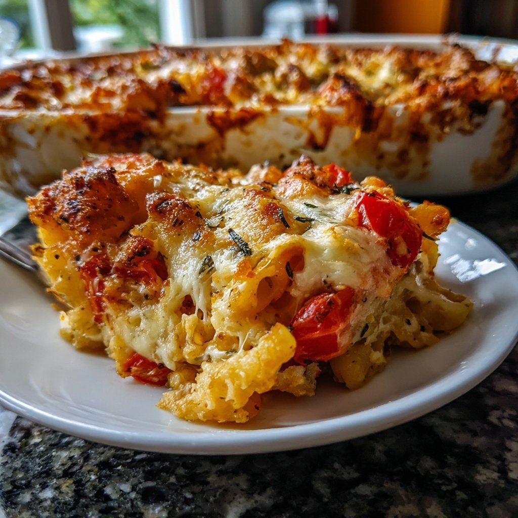 Nudelauflauf mit Tomaten und Mozzarella