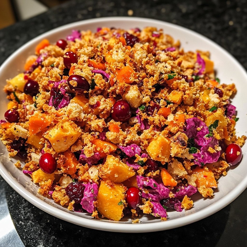 Wintersalat mit Butternutkürbis Rosenkohl Cranberries Pekannüssen und Roter Bete